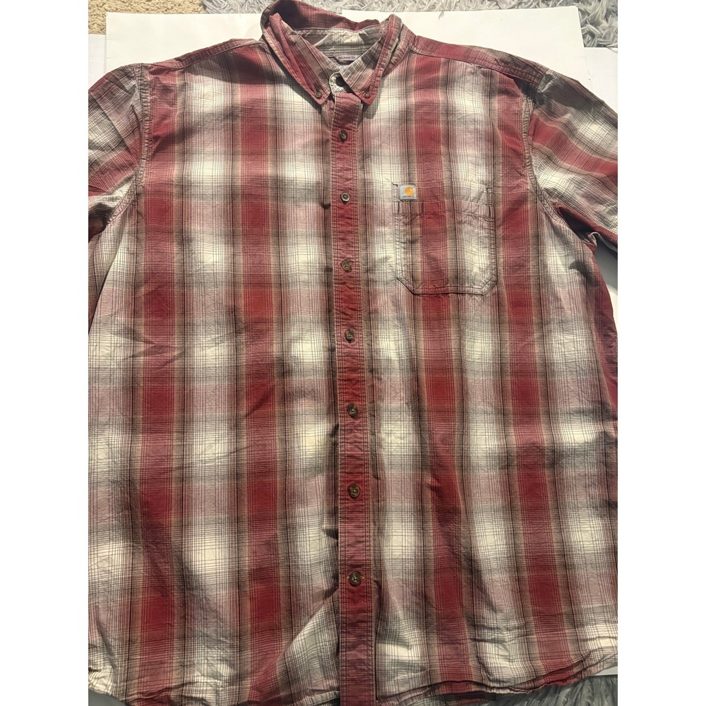 Carhartt 3XL Tall Relaxed Fit Plaid Button Up Shirt Red Tan‎ Workwear